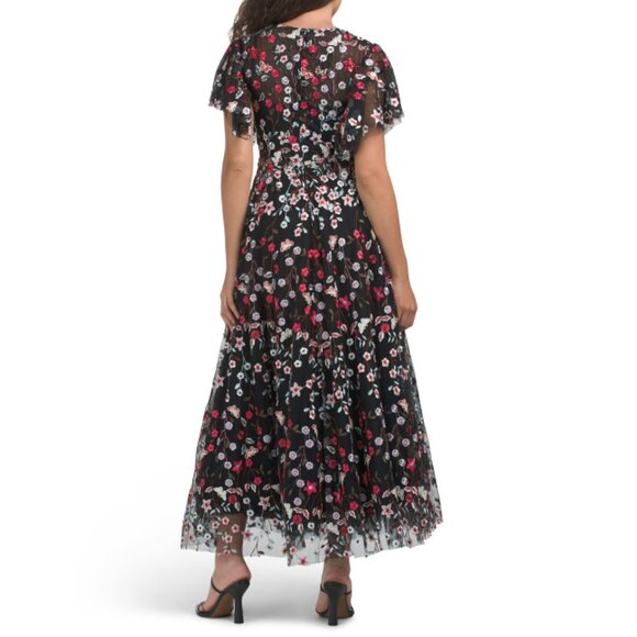 MAC DUGGAL BLACK MULTI Flutter Sleeve Embroidered Tea-length Dress - Picture 2 of 2